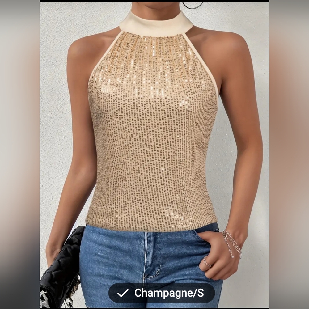 Champagne colored sequence top.